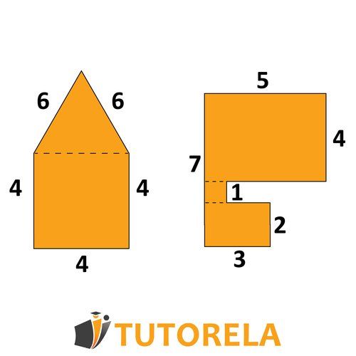 Dos figuras compuestas con medidas en los lados. • Figura izquierda: Forma de &#x27;casita&#x27;, compuesta por un rectángulo (4 unidades de ancho y 4 de alto) con un triángulo en la parte superior (dos lados de 6 unidades, base de 4 unidades). • Figura derecha: Polígono en forma de L, compuesto por rectángulos. La parte superior mide 5 unidades de ancho y 4 de alto. La parte inferior tiene una muesca de 1 unidad, y mide 3 unidades de ancho por 2 de alto. La altura total es de 7 unidades.