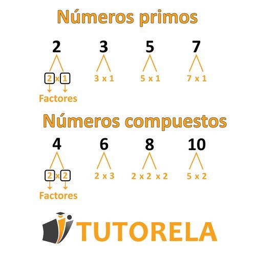 Ilustración con árboles de factores que muestran números primos (2, 3, 5, 7) con factores de uno y ellos mismos, y números compuestos (4, 6, 8, 10) con combinaciones múltiples de factores.