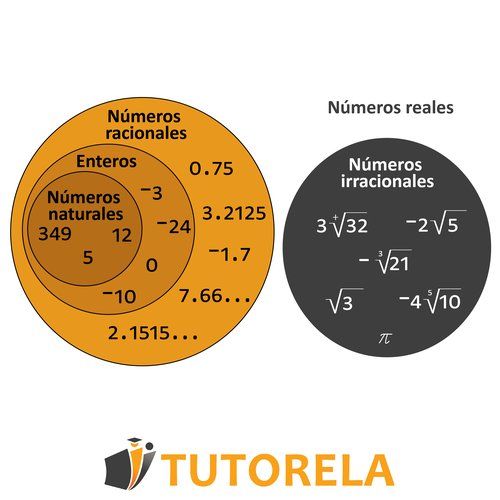 Diagrama de Venn de los números reales que separa los números racionales—naturales, enteros, decimales—y los números irracionales como raíces y π, todo etiquetado en español.